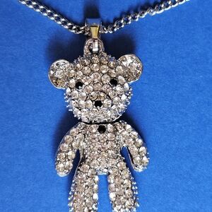 🧸ARTICULATING Head Clear Pavé Stone Teddy Bear Necklace - NWOT🧸